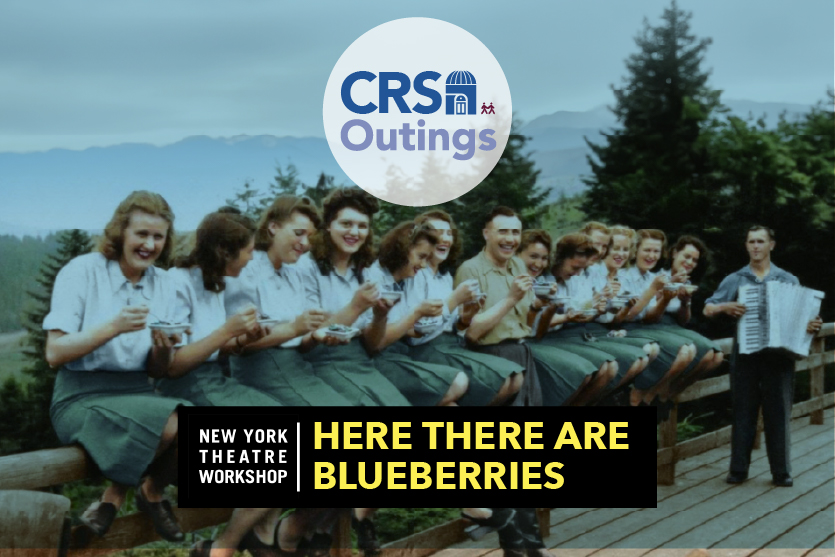 A wartime photo of members of concentration camp administrative staff hanging out in their off duty hours, overlaid with the text "Here There Are Blueberries"